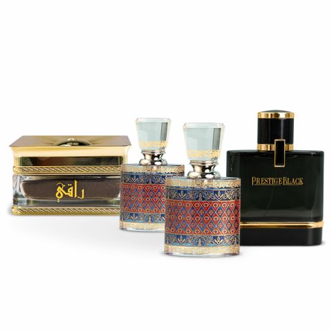 Prestige Black Perfume, Dakhoun Raqi, Dehn Musk Al-Shiyoukh Perfume Oil, and Dehn Oud 5 Perfume Oil Box Collection
